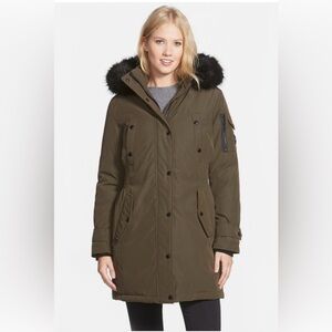 Michael Kors Olive Ski Jacket with Black Faux Fur Hood